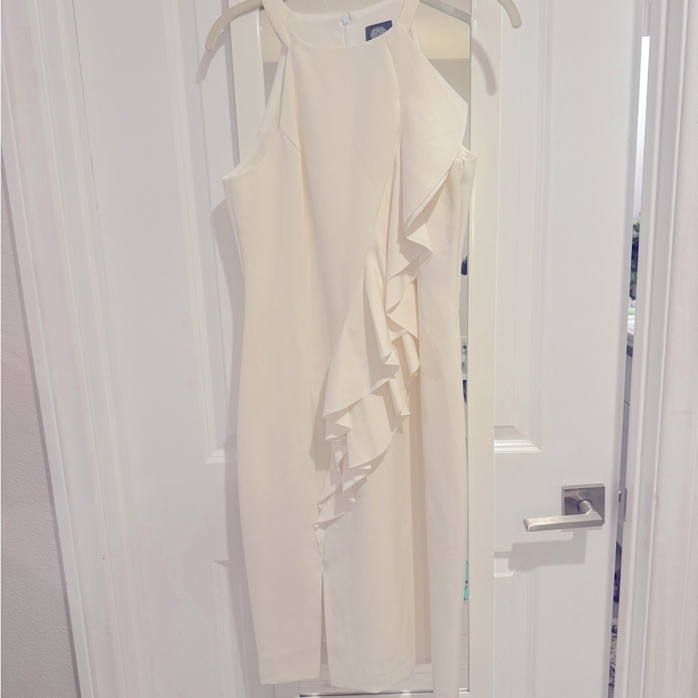 Women’s cream midi Vince Camuto halter dress with front ruffle, new never worn